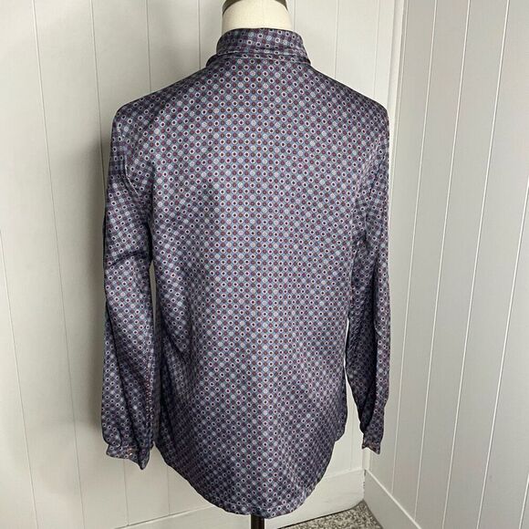 Vintage Lady Holiday Womens Medium Tie Neck Button Front Blouse Blue Floral - Picture 8 of 14